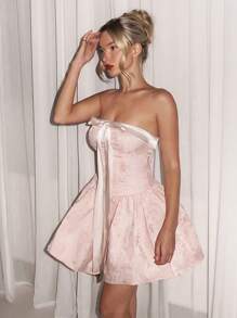 Glamine Charm Glamine 缎面拼布 3D 蝴蝶结缎带领荷叶边粉色连衣裙，吊带迷你秋千裙，纹理提花面料，适合派对/假日春季女士毕业/返校连衣裙 - 粉色 - 查看 8