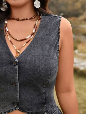 SHEIN LUNE Ensemble veste et short en jean lavé gris-noir pour femmes grandes tailles. Tenues de cow-girl pour femmes en été, tenues rave, tenues Coachella, 2 pièces, tenues de festival pour femmes, tenues de concert country, tenues de Nashville, tenues de disco, vêtements western pour femmes, tenues de cow-girl