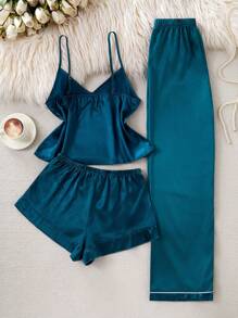 SilkySpell 3 pièces Ensemble de pyjama en soie synthétique de couleur unie comprenant un débardeur, des shorts et un pantalon, parfait pour les vacances