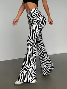 SHEIN Unity Women's Zebra Print V-Waist Flare Pants Fall Cloth For Women - Black and White - View 3