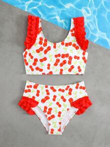 Tween Girl Cherry Print Ruched Flyaway Halter Bikini Set - Multicolor - View 4
