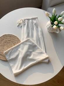 Comfortcana Damen Weit geschnittene Hose aus gewebtem einfarbigem Stoff mit Tunnelzug in Taille, Weiß - Weiss - Übersicht 1