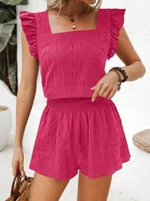 SHEIN VCAY 2pcs/Set Women Vacation Square Neck Cap Sleeve Shirt And Shorts Set - Hot Pink - View 1