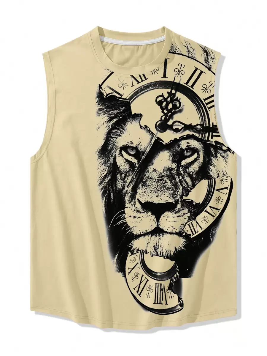 Manfinity LEGND Plus Size Men's Lion Print Round Neck Casual Loose Tank Top - Khaki - View 1