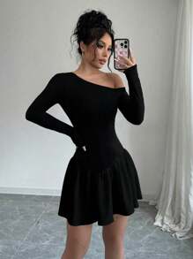 Chiquease Women's Asymmetric Sleeve Patchwork Mini Dress, Spring & Autumn - Black - View 5