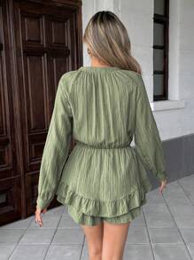 Pariaura 女士长袖蝴蝶结细节双荷叶边连体裤 - 綠色 - 查看 2