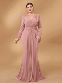 SHEIN Belle 大码莲藕粉色金属针织深V领扭纹设计派对礼服、婚礼宾客礼服、正式礼服、晚礼服、长袍