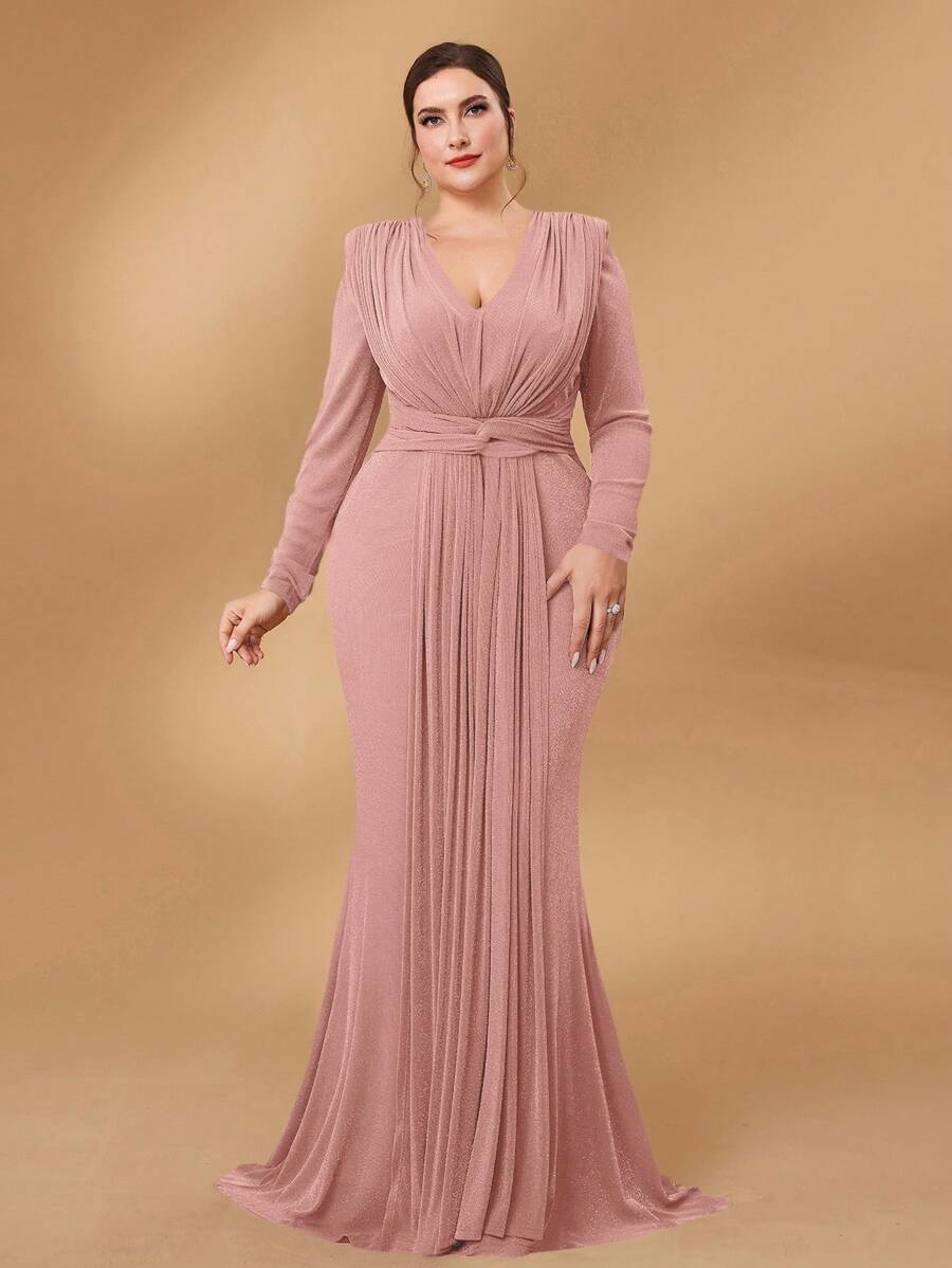 SHEIN Belle 大码莲藕粉色金属针织深V领扭纹设计派对礼服、婚礼宾客礼服、正式礼服、晚礼服、长袍