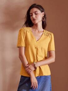 MOTF PREMIUM CAMISETA DE ENCAJE GUIPUR DE CONTRASTE - Amarillo - Ver 5