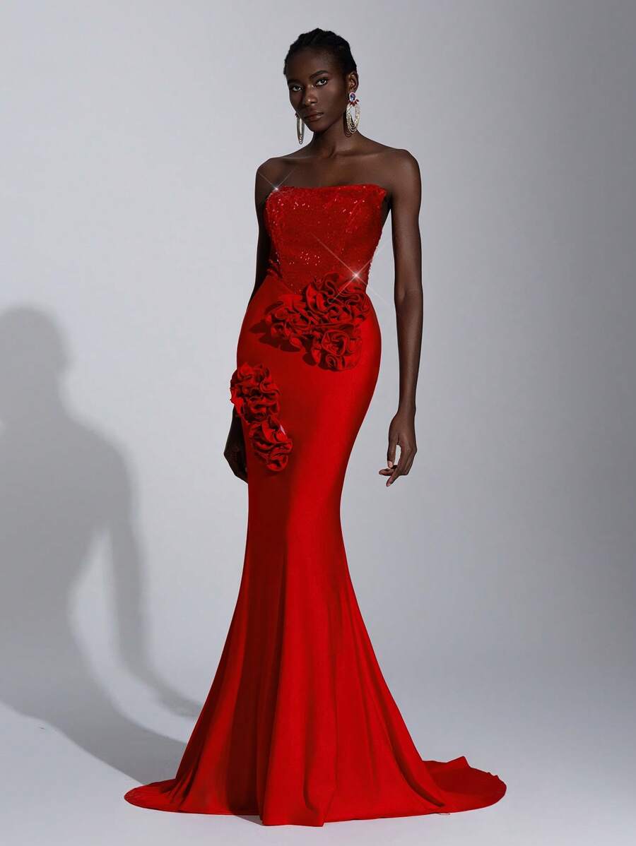 SHEIN Belle Elegant And Gorgeous Red Elastic Sequins Stitching Elastic Knitted Handmade Three-Dimensional Flower Embellishment Sailboat Collar Tube Fishtail Dress, Suitable For Dating Single Party Ceremony Formal Occasion Dinner Dress, Wedding Guest Dress, Evening Dress, Gown - Red - View 1