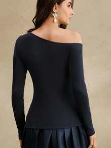 Anewsta 女士优雅 3D 花卉刺绣和串珠修身不对称肩斜针织 T 恤上衣，亲肤节日、外出、度假 - 藏蓝色 - 查看 2