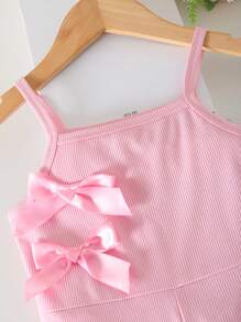Elladie kids Mono corto de talle alto sin mangas con diseño de lazo 3D, fashionable y lindo, para uso casual diario en casa de niñas - Rosa - Ver 6