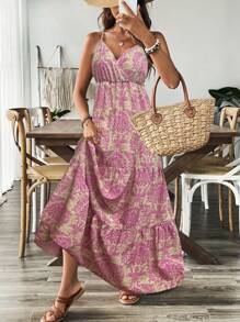 Breezaya Women's Folk Floral Print Spaghetti Strap Crossed Waist Loose Knee-Length Dress Maxi Women Outfit - Pink - View 3