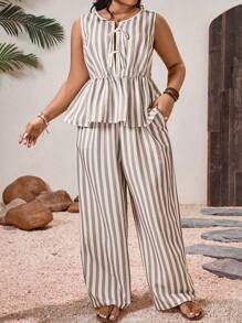 EMERY ROSE 2pcs Plus Size Women Casual Striped V-Neck Front Tie Sleeveless Shirt And Pants Set - Khaki - View 3