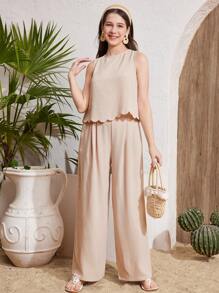 SHEIN Teen Girl Summer Apricot & Khaki Sleeveless Backless Bow Decor Loose Wide Leg Pants 2 Pieces Vacation Casual Outfits Set