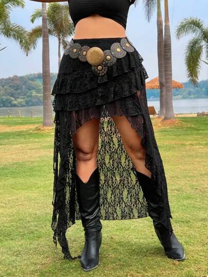 SHEIN EZwear EZwear 大码简约时尚黑色蕾丝半身裙，波西米亚风，适合夏季音乐节、锐舞派对/演唱会，也适合Y2K风格夏季穿着。