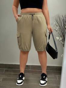 SHEIN LUNE LUNE 大码女式休闲工装短裤，简约时尚，适合日常穿着，夏季百搭，春假、锐舞派对、春夏皆宜。 - 卡其色 - 查看 8