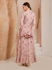 Graceveil Arab Ditsy Floral Stand Collar Ruffle Hem Fitted Dress For Women,Modest - Pink - View 2