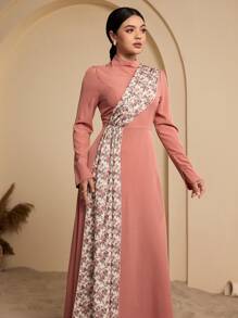 Seusyu 立领印花丝带束腰喇叭下摆阿拉伯风格女式连衣裙，端庄 - 粉色 - 查看 5