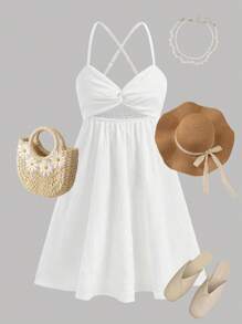Girlism Vestido con burbujas con tirantes de espagueti, corte calado y textura de gasa esmocada blanca para adolescentes, atuendo casual y de vacaciones, conjunto de playa para primavera/verano