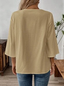 EMERY ROSE Solid Color Short Sleeve V-Neck Simple Fashionable Shirt, Suitable For Summer Cotton - Khaki - View 2