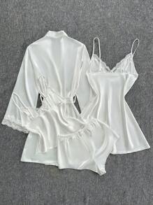 SilkySpell Juego de 4 piezas: Vestido de satén con escote en V bordado + Camiseta y pantalones cortos + Bata de baño