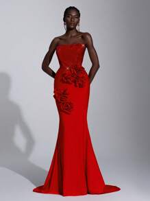 SHEIN Belle Elegant And Gorgeous Red Elastic Sequins Stitching Elastic Knitted Handmade Three-Dimensional Flower Embellishment Sailboat Collar Tube Fishtail Dress, Suitable For Dating Single Party Ceremony Formal Occasion Dinner Dress, Wedding Guest Dress, Evening Dress, Gown - Red - View 7