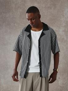 SUMWON 纹理几何图案里维尔领针织衬衫常规版型纽扣式 Polo 衫休闲度假装夏季度假海滩派对复古风格晚装 - 彩色 - 查看 2