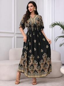 SHEIN Lacomfia 女士休闲印花 V 领短袖优雅连衣裙 - 黑色 - 查看 6