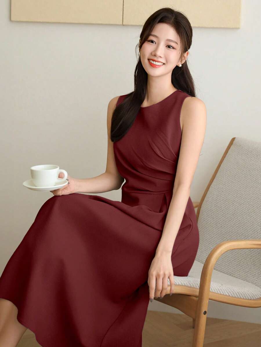 DAZY Solid Color Sleeveless Pleated Midi Dress For Women Sundress Red Women Dresses,New Year - Burgundy - View 1