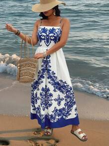 SHEIN Clasi Plus Size Floral A-Line Beach Vacation Dress With Tie Straps - Multicolor - View 7