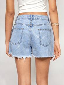 Maija Blauwe denim shorts met glinsterende strass-versiering en franje voor dames