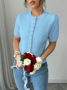 Gloray New Loose Fit Casual Knit Top, Pink Simplistic Button Decoration Short Sleeve Sweater For Women, Autumn/Winter