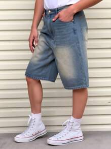Teen Boy's Washed Denim Casual Shorts, Summer - Medium Wash - View 5