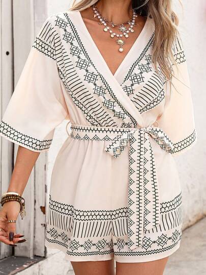 SHEIN VCAY 大码女式几何印花裹身 V 领连体衣