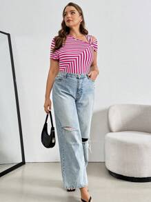 SHEIN Essnce 大码女式夏季休闲修身性感条纹露肩紧身衣，夏季女装，夏季曲线上衣，女式紧身衣