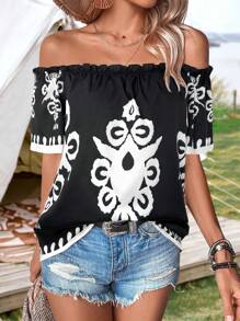 SHEIN LUNE Blusa bohemia de mujer de manga corta y hombros descubiertos con estampado retro, adecuada para festivales de música, primavera/verano - Negro - Ver 1