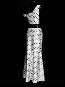 SHEIN ICON Satin Polka Dot Print One-Shoulder Top And Low Waist Skirt Set - Black and White - View 8