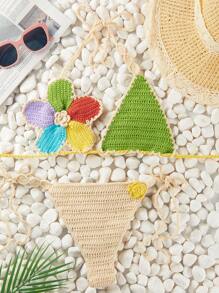 2 件套女士手工钩编花卉拼布泳装沙滩装套装