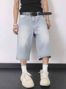 Claim Dot 男士口袋阔腿宽松休闲牛仔短裤 - 淺色水洗藍 - 查看 6