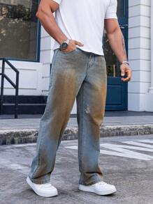 Manfinity Homme Jeans casuales de bolsillo con botón frontal sencillo, para uso diario de hombres - Lavado ligero - Ver 1