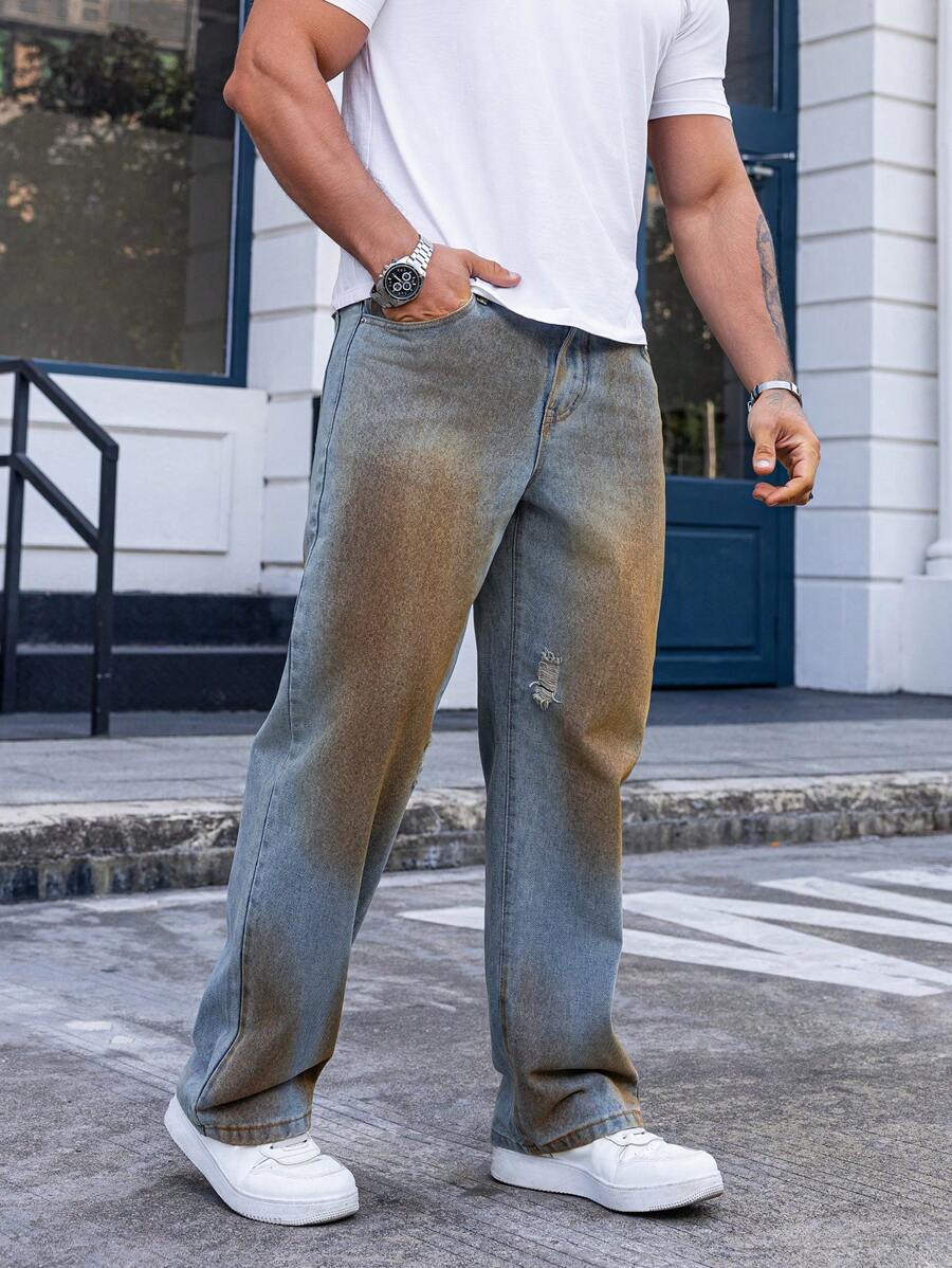 Manfinity Homme Jeans casuales de bolsillo con botón frontal sencillo, para uso diario de hombres - Lavado ligero - Ver 1