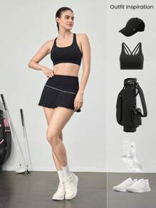 GLOWMODE 凉爽感觉收腹不对称裙子，内置短裤侧袋，防滑握把，网球高尔夫健身房日常休闲 - 黑色 - 查看 8