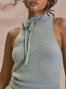 MUSERA Racer Knit Fitted Top Tie Neck Detail Spring Summer Holiday Cute Soft Serve Airport Outfits Comfy Cute - Green - View 4