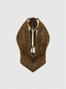 ROMWE Hippie Y2K 复古性感金属项链装饰深 V 豹纹闪亮露背吊带短款上衣