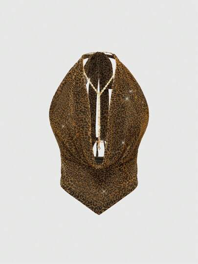 Hippie Crop top de cuello halter con estampado de leopardo brillante, escote profundo en V y adorno de collar cruzado metálico Retro Y2K Sexy