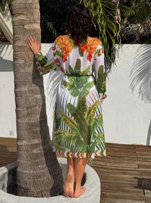 Swim Lushoire Kimono floral ouvert à l'avant, grande taille, décontracté, ample, pour les vacances - Multicolore - Voir 2