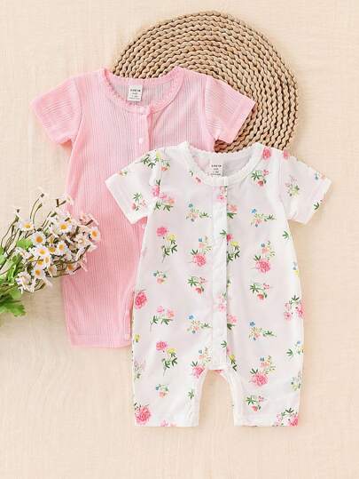 SHEIN Vintaside Kids 2pcs Baby Girls' Ditsy Floral Short Sleeve Jumpsuit With Ribbing, Cute & Sweet, Suitable For Spring/Summer Outings Or Daily Wear, Comfortable & Versatile