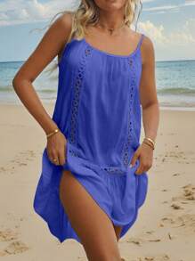 Swim Vcay Springbreak Women Patchwork Ruffled Hem Spaghetti Strap Beach Dress & Cover Up - Blue - View 4