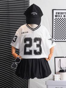 SHEIN Leap Crew Young Girl 2 Pieces Set: Loose Numeric Print Woven Top And Solid Colored Woven Mini Skirt - Black and White - View 2